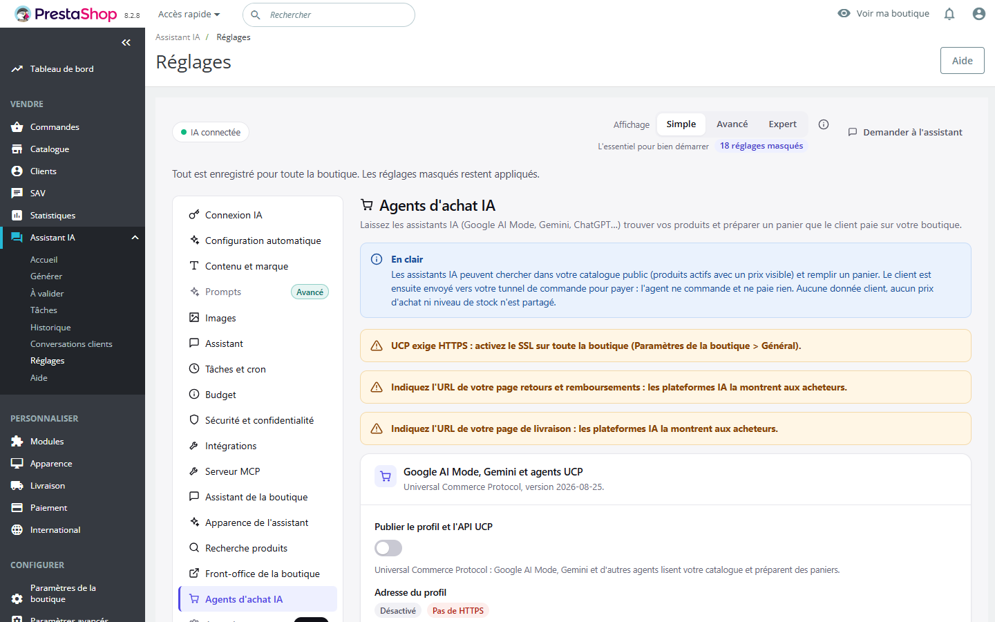 Réglages réels des agents d’achat IA : profil UCP, MCP vitrine et flux produits