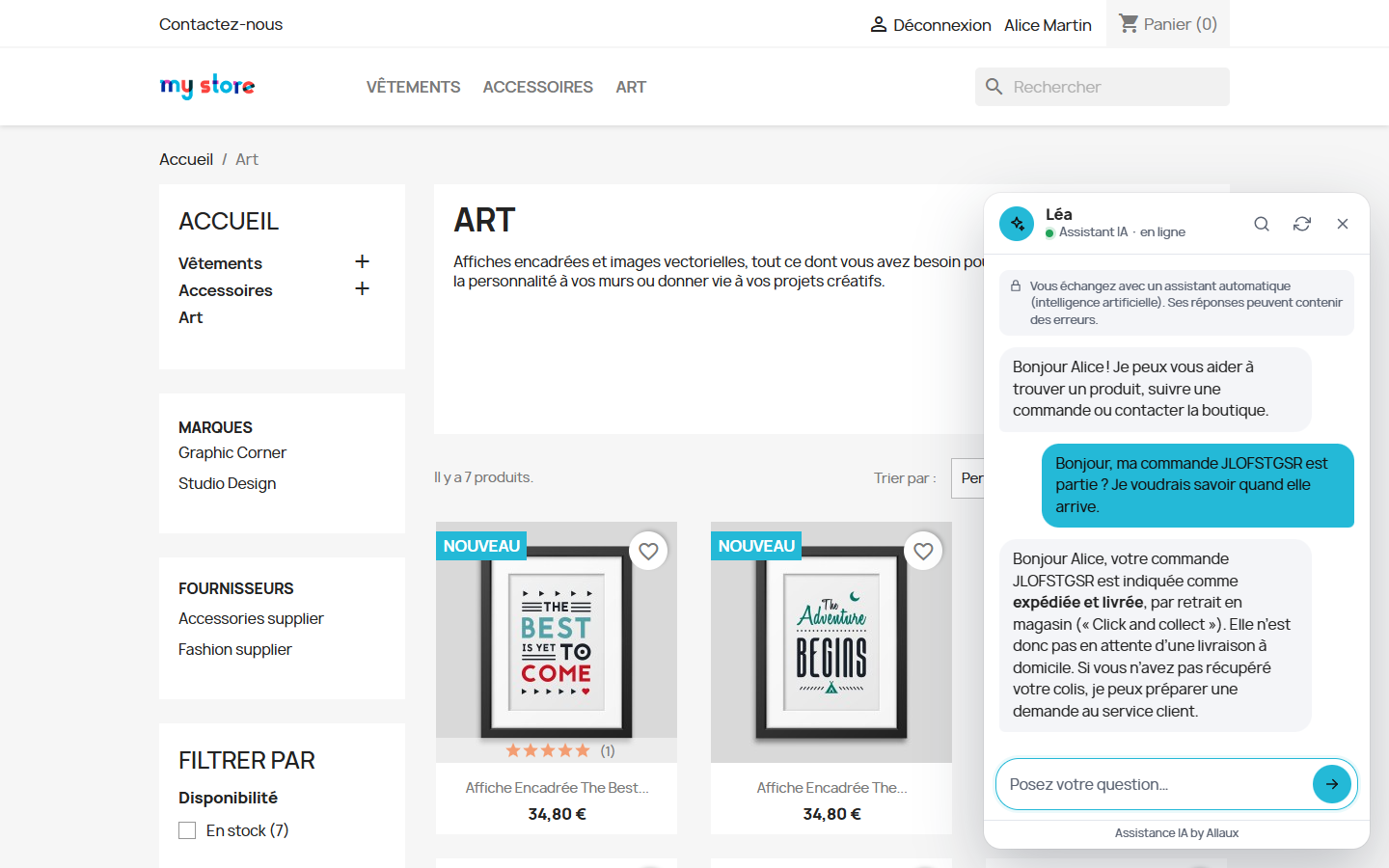 Interface réelle du parcours de suivi de commande avec l’assistant
