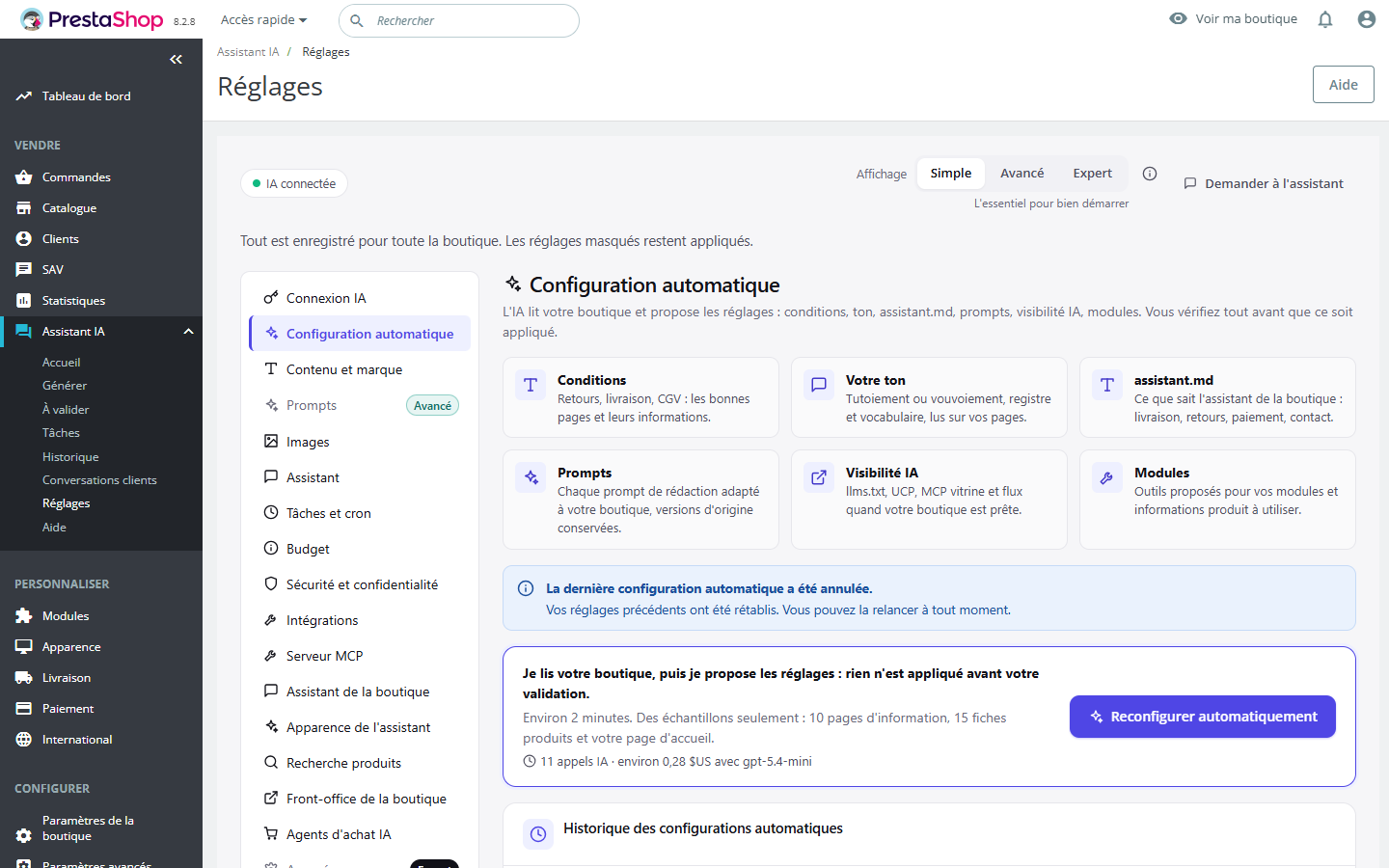 Capture réelle de la configuration automatique Allaux AI