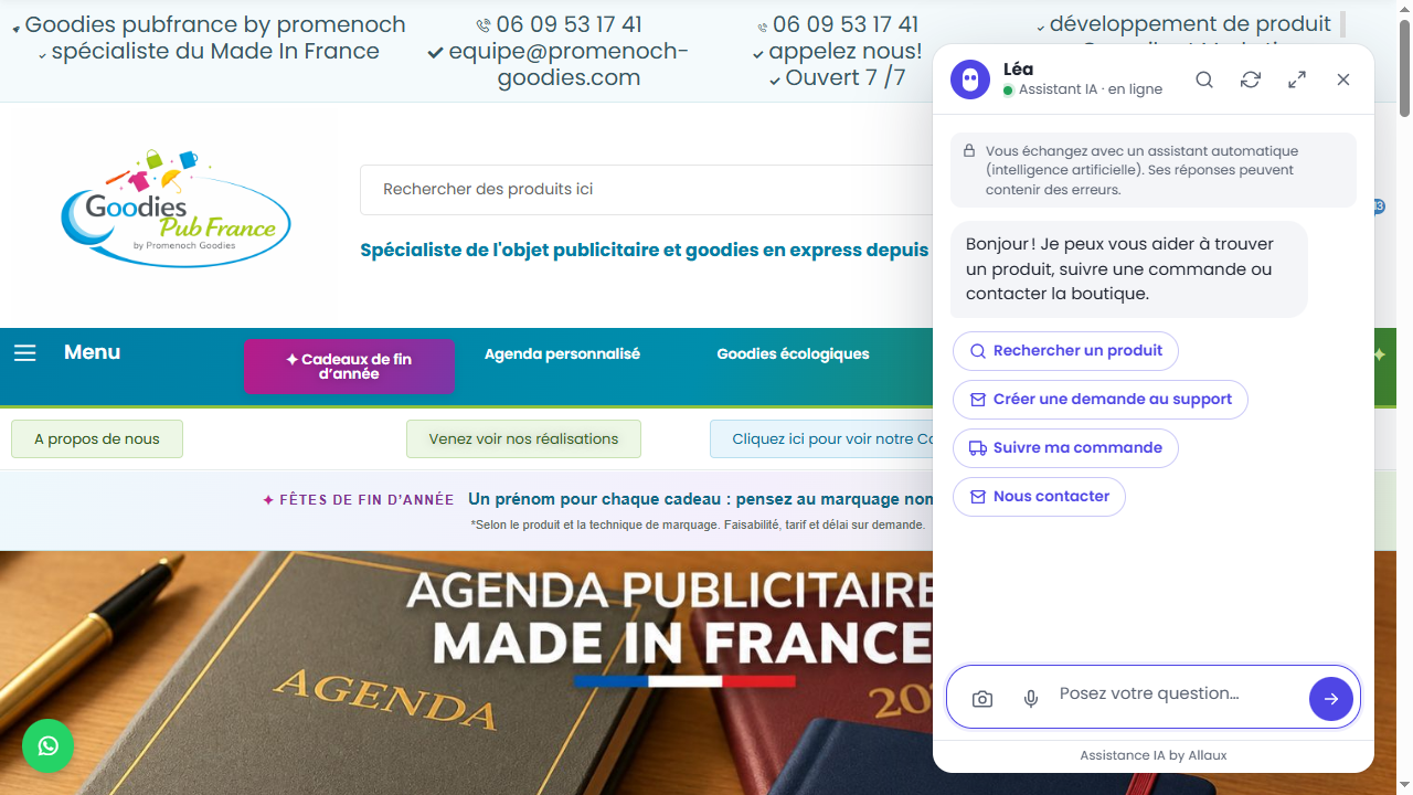 Capture réelle de Goodies Pub France avec Léa, l’assistant visiteurs Allaux AI, ouvert dans la boutique