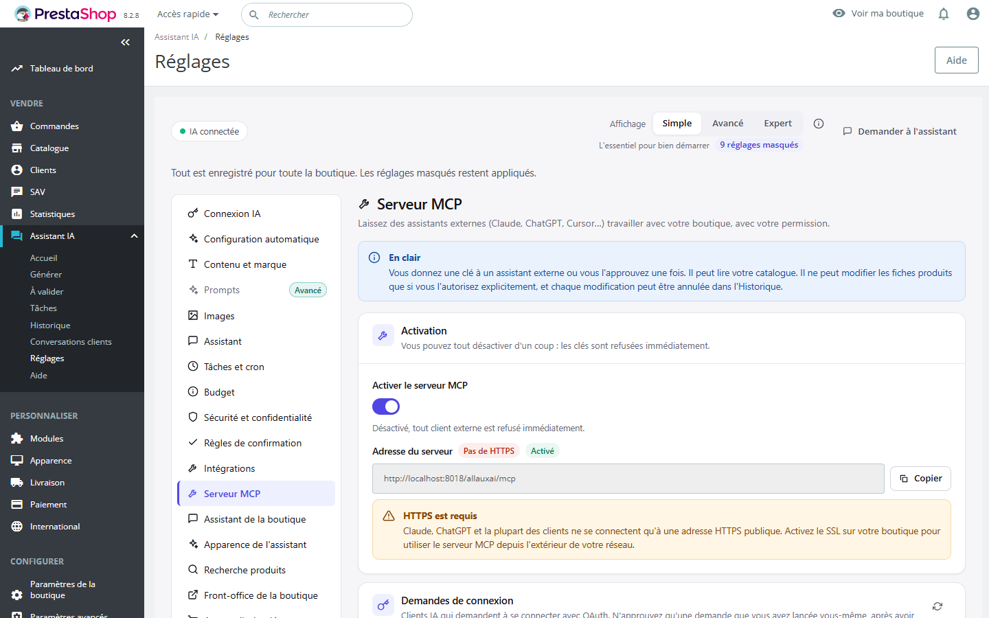 Réglages réels du serveur MCP Allaux AI : activation, adresse de la boutique et demandes de connexion