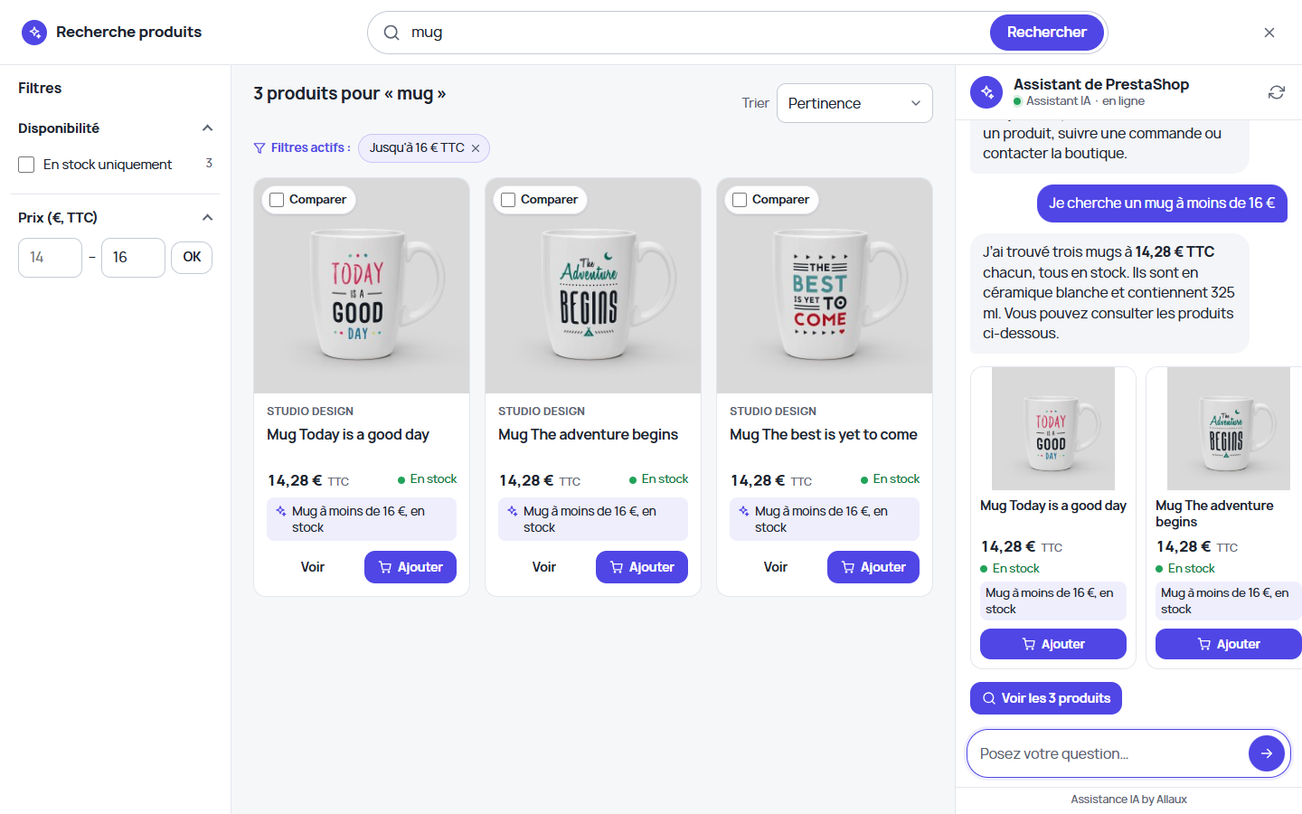 Recherche réelle : mugs à moins de 16 euros, filtres actifs, disponibilité et cartes produit